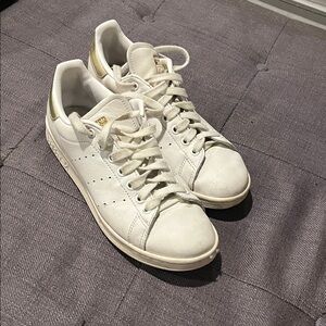 adidas White Leather Stan Smith Sneakers with Gold Accents